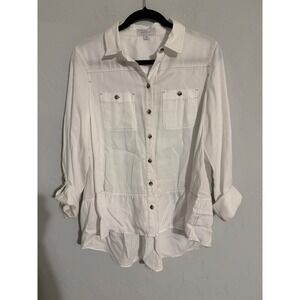 New Directions White Lyocell Roll Tab Button Down Peplum Shirt Womens Medium